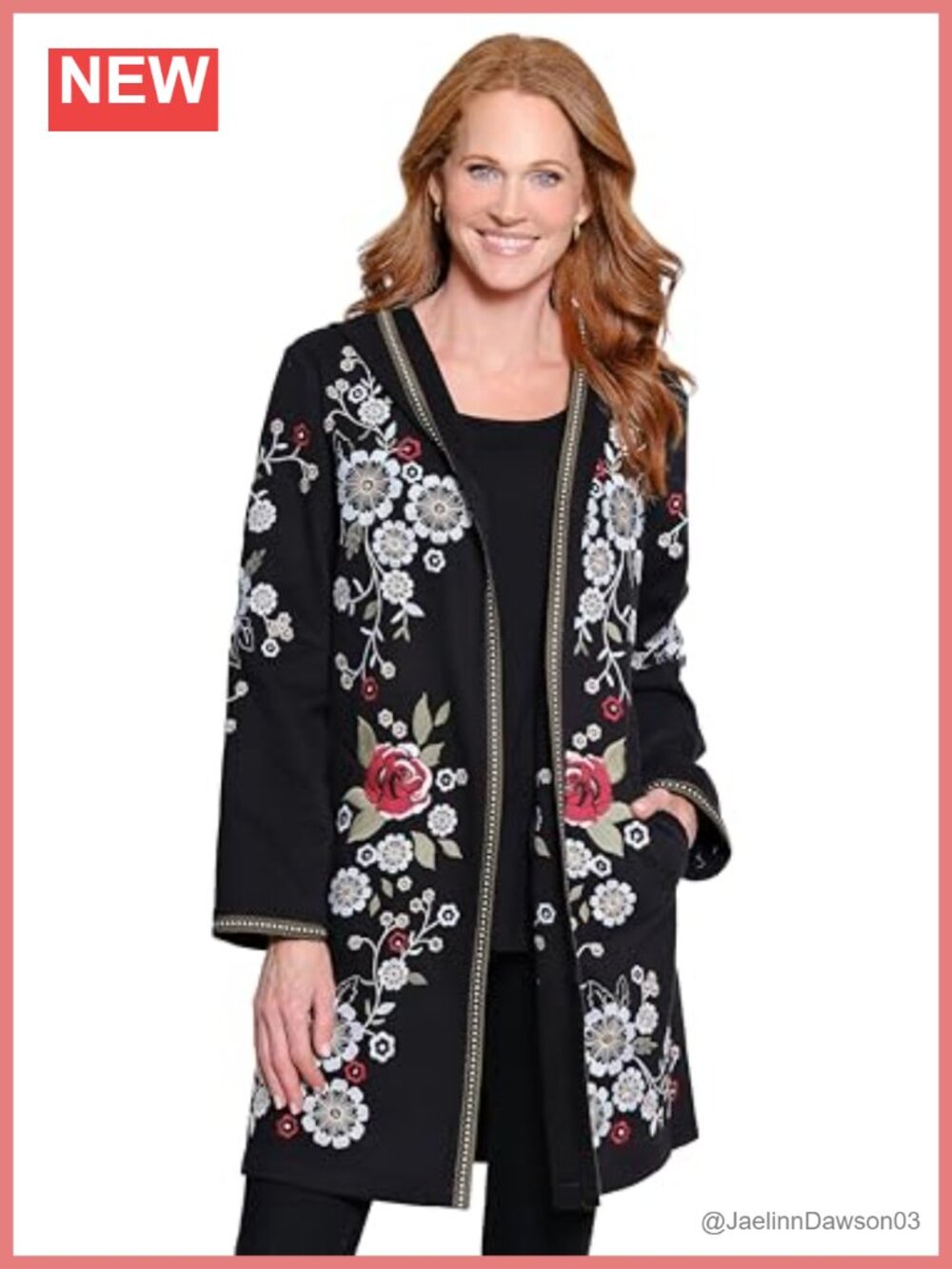 Embroidered Long Cardigan Hoodie Pockets 3/4 Sleeve Open Front